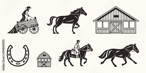 black and white horse and equestrian illustrations Vector