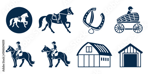 Equestrian icons featuring horses and farm buildings Vector