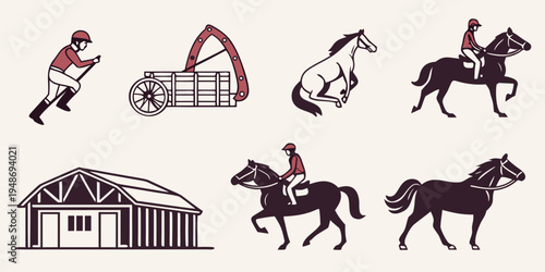 a collection of equestrian icons including horses jockeys and a stable Vector