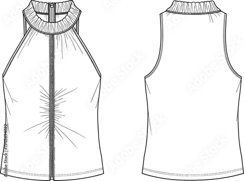 Technical flat sketch illustration of sleeveless women’s top with high gathered neckline, center zipper, ruched detailing, halter armholes, darts, and seam details for 