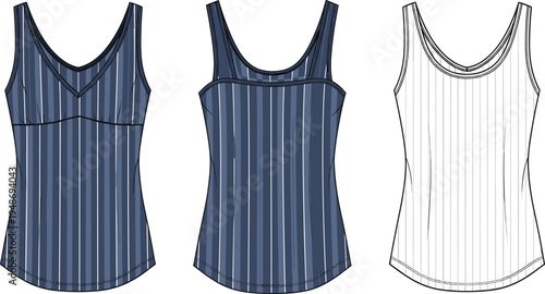 Technical flat sketch illustration of sleeveless women’s tops with vertical stripe patterns, featuring V-neckline, scoop neckline, rounded neckline, seam details, symbolizing ga