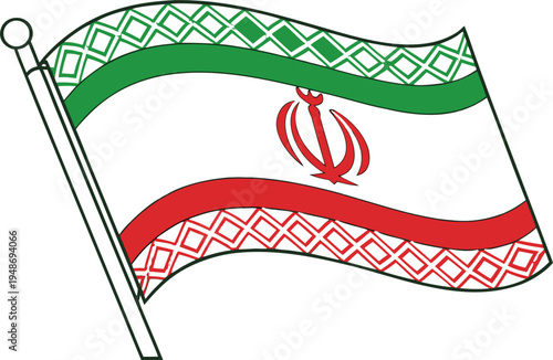 Waving tricolor flag with central emblem, patriotic national symbol vector illustration.