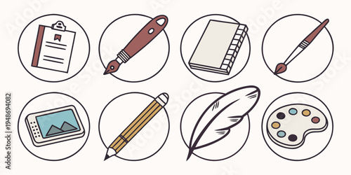 a set of stationery icons for writing and drawing Vector