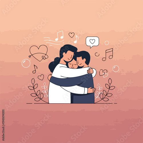Illustration of a family embracing, with musical notes and hearts around them