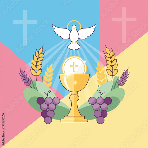 Religious symbol with a dove, chalice, grapes, wheat, and crosses