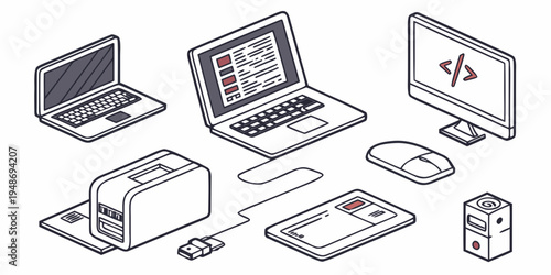a collection of computer and office equipment Vector