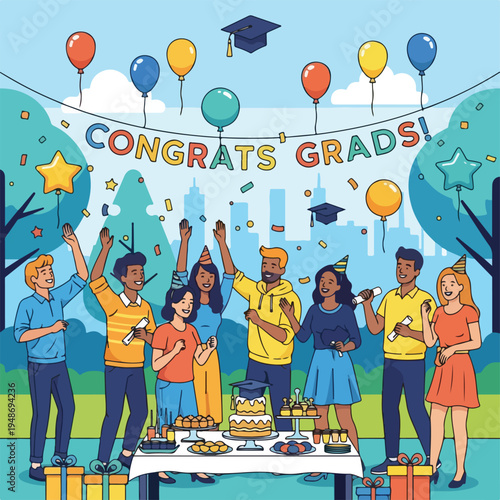 Illustration of a graduation party with balloons and celebratory message