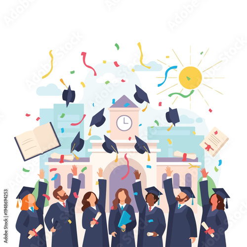 Illustration of graduates celebrating, caps thrown, confetti, and a sun