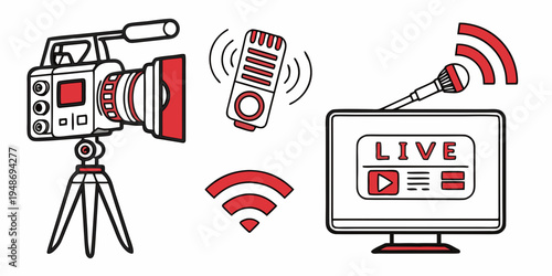 a camera, microphone and television with live streaming icons Vector