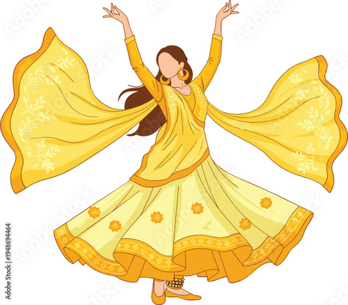 Traditional Indian woman dancing in yellow ethnic dress vector illustration, graceful cultural dance performance with flowing dupatta and lehenga isolated on white background