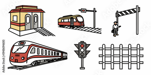 a set of train station and railroad elements Vector