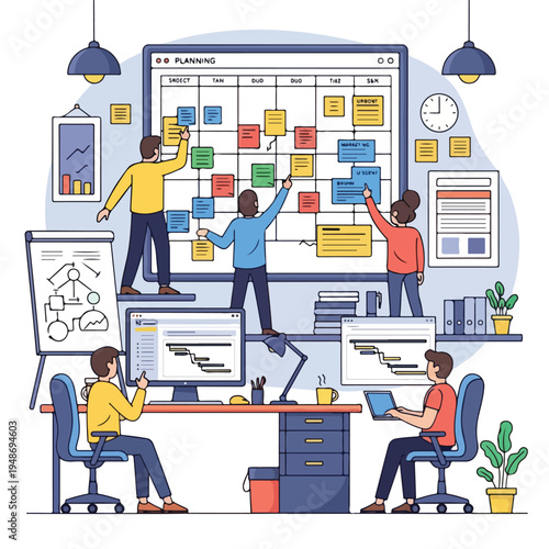 Illustration of a team collaborating on a project plan in an office setting