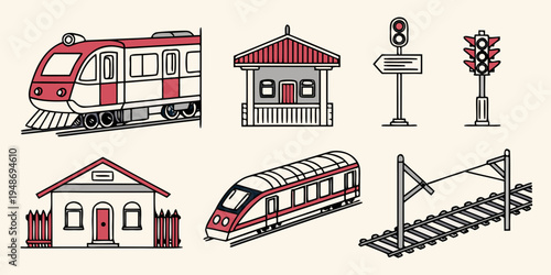 a set of train station and railway elements Vector