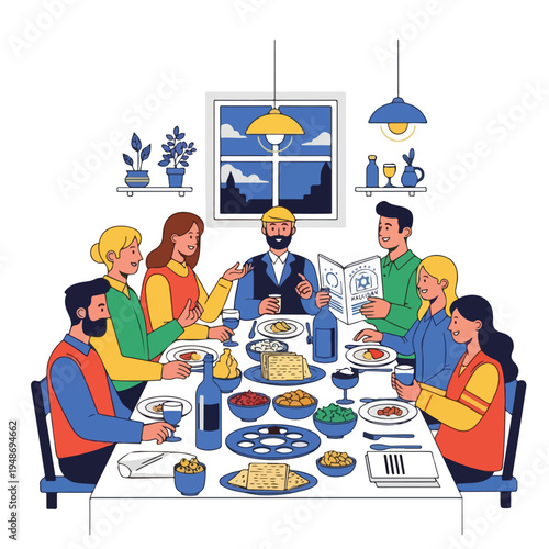 Illustration of a family gathered around a table with food, drinks, and a book