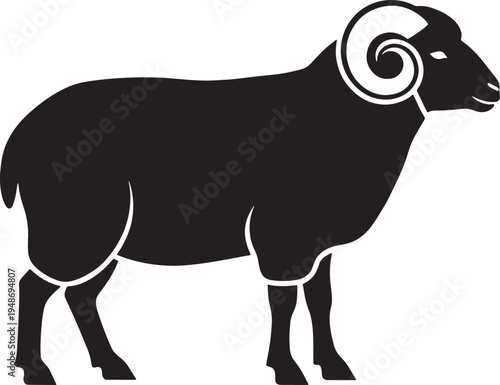 Black silhouette ram with large horns standing alone sideways