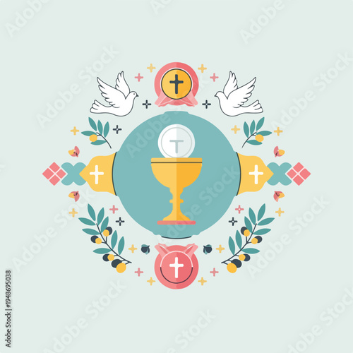 Illustration with religious symbols, doves, and floral accents