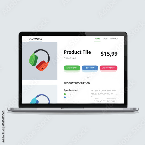 Laptop screen showing an e-commerce product page,  headphones displayed