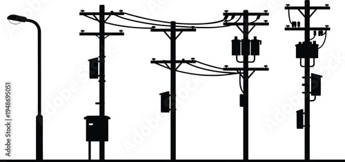 Utility poles and street light silhouettes with power lines and transformers, electricity distribution infrastructure vector illustration isolated on white background