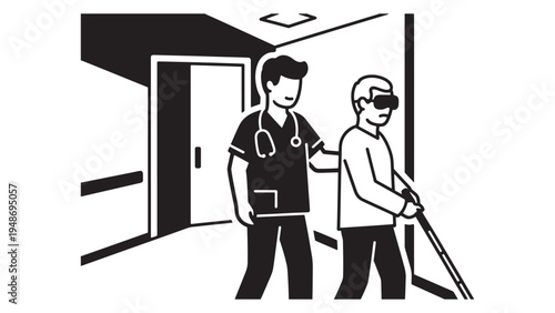 Healthcare Worker Guiding Visually Impaired Man with Cane Illustration for Medical Support and Community Care