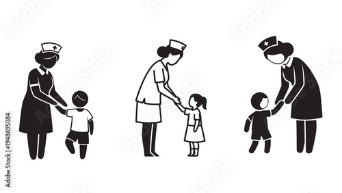 Doctor and Nurse Interacting with Child Patient Illustration for Pediatric Healthcare and Family Support