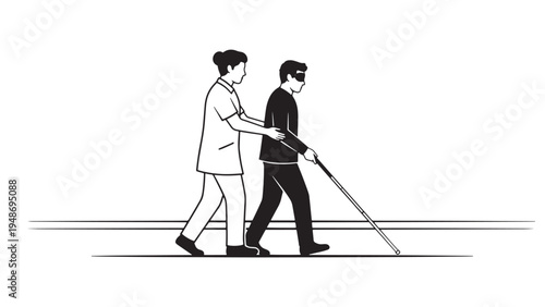 Blind Person Walking with White Cane Assisted by Companion Illustration for Accessibility and Inclusive Mobility Concept