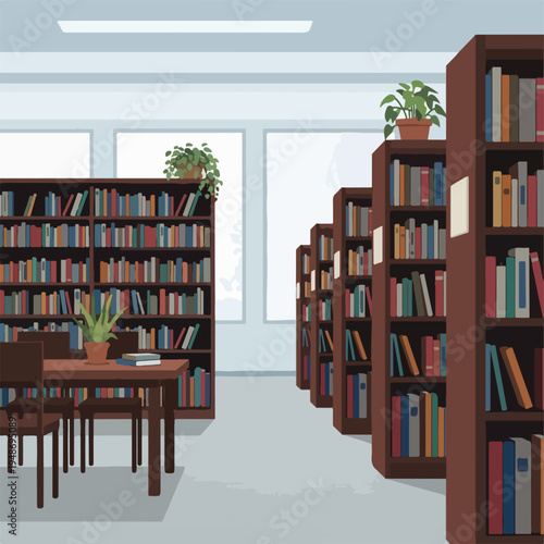 Illustration of a library interior, with multiple bookshelves and table