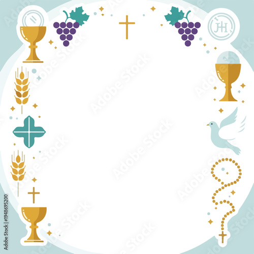 Religious themed frame with chalices, cross, doves, and grapes