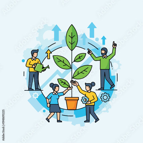 Illustration of a team nurturing a growing plant in a stylized setting