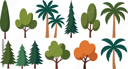 Vector illustration set of diverse green trees including tall pines palm trees and rounded deciduous shrubs for landscape design forestry and environmental nature concepts