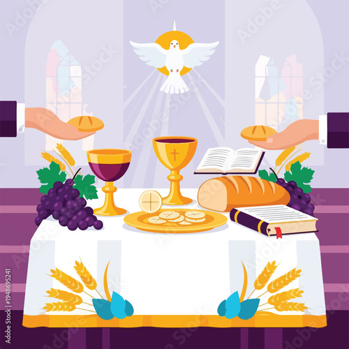Illustration of a religious ceremony with bread, wine, and a dove