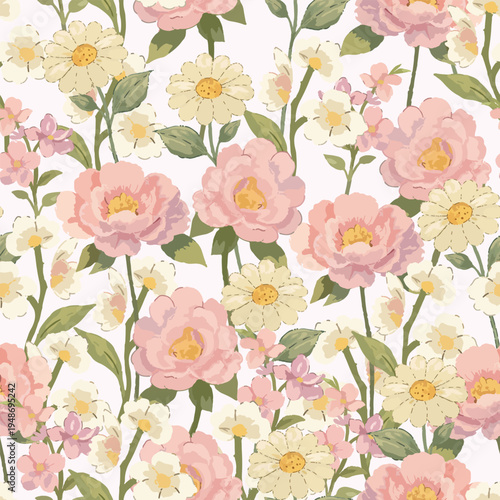 Beautiful watercolor pink rose and cream floral flower seamless pattern