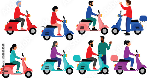 Vector illustration set of diverse people riding colorful motor scooters and mopeds including delivery drivers and commuters for urban transport and lifestyle designs
