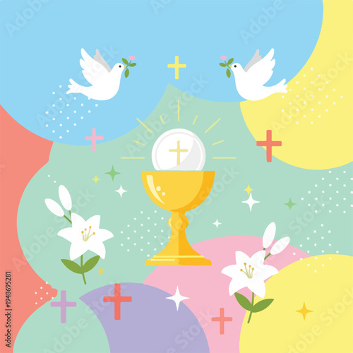 Illustration with religious symbols, doves, flowers, and colorful shapes