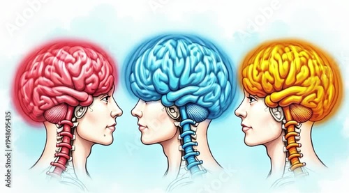 Wallpaper Mural A video showcasing three human heads with colorful brains in profile view Torontodigital.ca