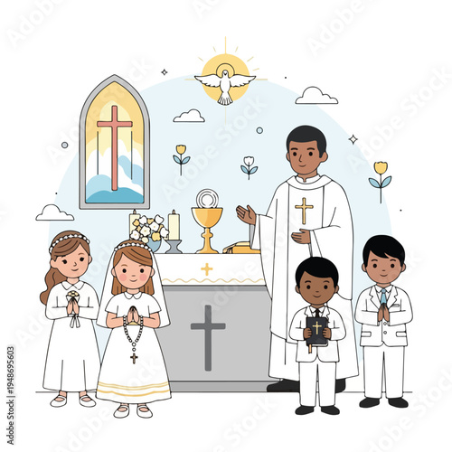 Illustration of a religious ceremony with children, priest, and dove