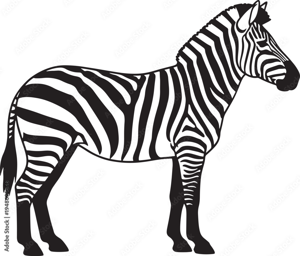 Obraz premium Standing zebra with black and white stripes facing right