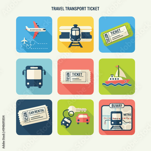 Nine transportation icons with tickets, bus, car, boat, train, and airplane