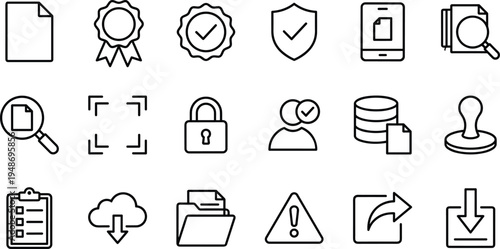Set of 18 Black Line Document and Data Management Vector Icons