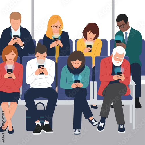 Illustration of diverse individuals absorbed in their phones, seated in a waiting area