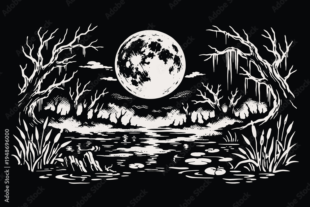 Fototapeta premium Mystical swamp night landscape with dead trees and full moon in vintage woodcut style, monochrome vector illustration of wetland scenery on black.