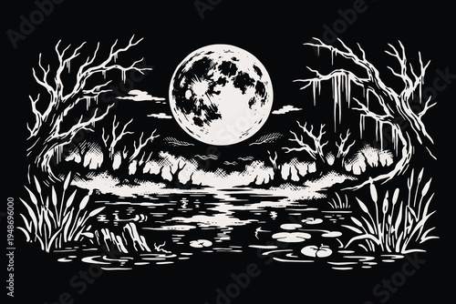 Mystical swamp night landscape with dead trees and full moon in vintage woodcut style, monochrome vector illustration of wetland scenery on black.