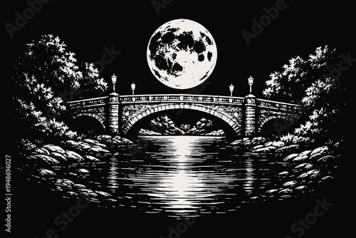 Classic stone bridge over river under full moon in vintage engraving style, monochrome vector illustration of park landscape and water reflection at night.