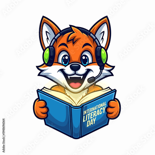 Fox reading book with headphones for International Literacy Day