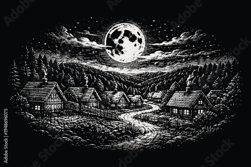 Quaint village houses and cottage landscape under full moon in woodcut style, vintage engraving vector illustration of rural mountain village at night.