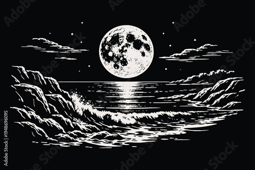 Vintage ocean waves and rocky coast under full moon in woodcut style, monochrome vector illustration of sea landscape at night with moon reflection.