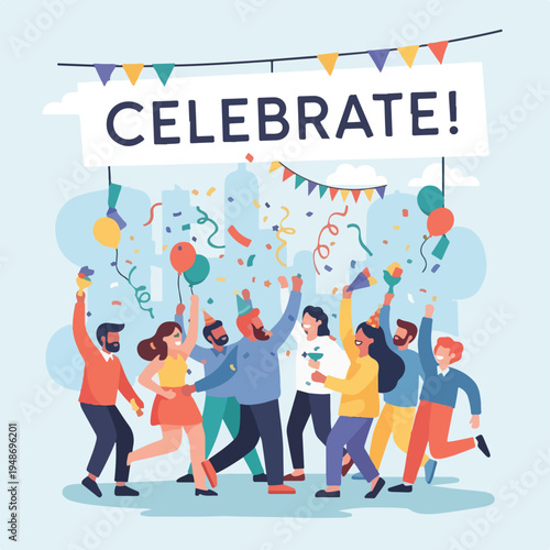 Illustration of a group celebrating with confetti and balloons