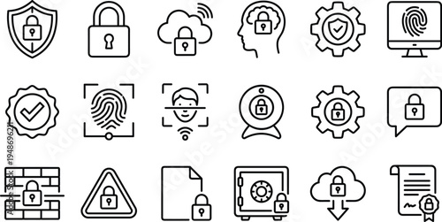 Set of 18 Cybersecurity and Data Protection Line Icons Vector