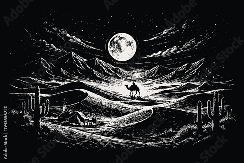 Vintage desert night landscape with full moon and camel silhouette in engraving style, monochrome vector illustration of dunes and cactus at night.