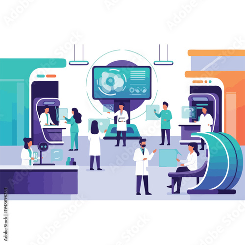 Illustration of a medical lab with workers and modern scanning equipment
