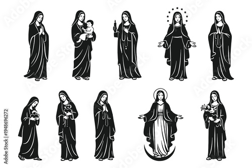 Catholic religious silhouette collection of the Virgin Mary and Madonna in prayer poses, flat black vector illustration set for spiritual and church design.